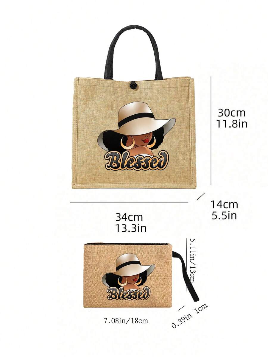 Queen Cartoon Character Printed Tote Bag Set – “Blessing” Letter Design