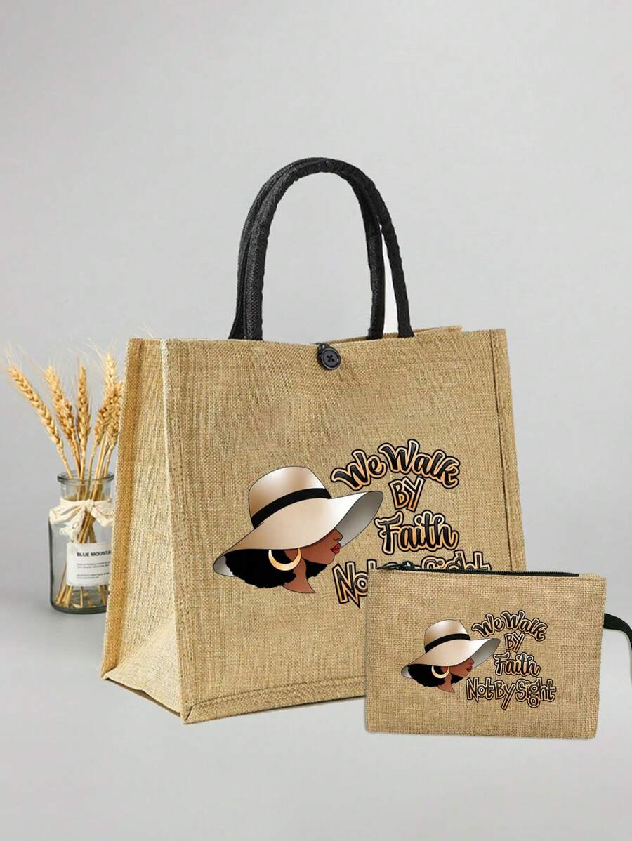 Queen Cartoon Character Printed Tote Bag Set – “Blessing” Letter Design