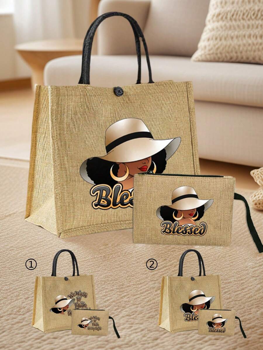 Queen Cartoon Character Printed Tote Bag Set – “Blessing” Letter Design