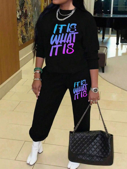 DrmWander Plus Size Letter Print Sweatshirt & Sweatpants Set