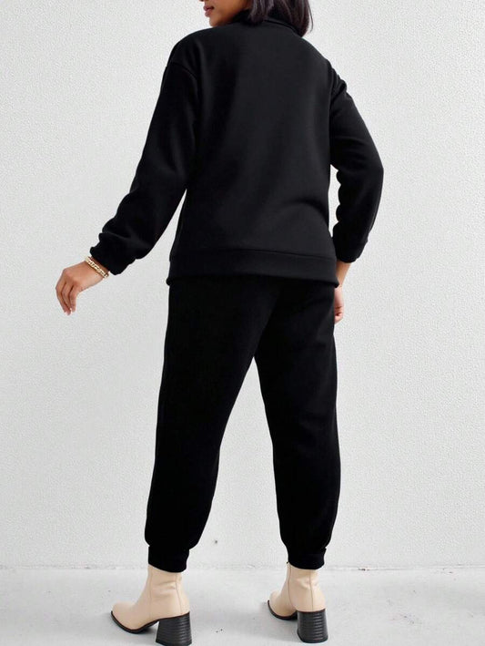 DrmWander Plus Size Letter Print Sweatshirt & Sweatpants Set