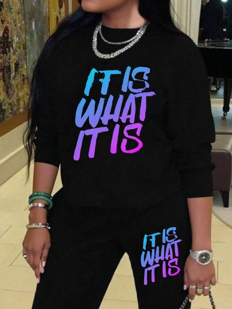 DrmWander Plus Size Letter Print Sweatshirt & Sweatpants Set