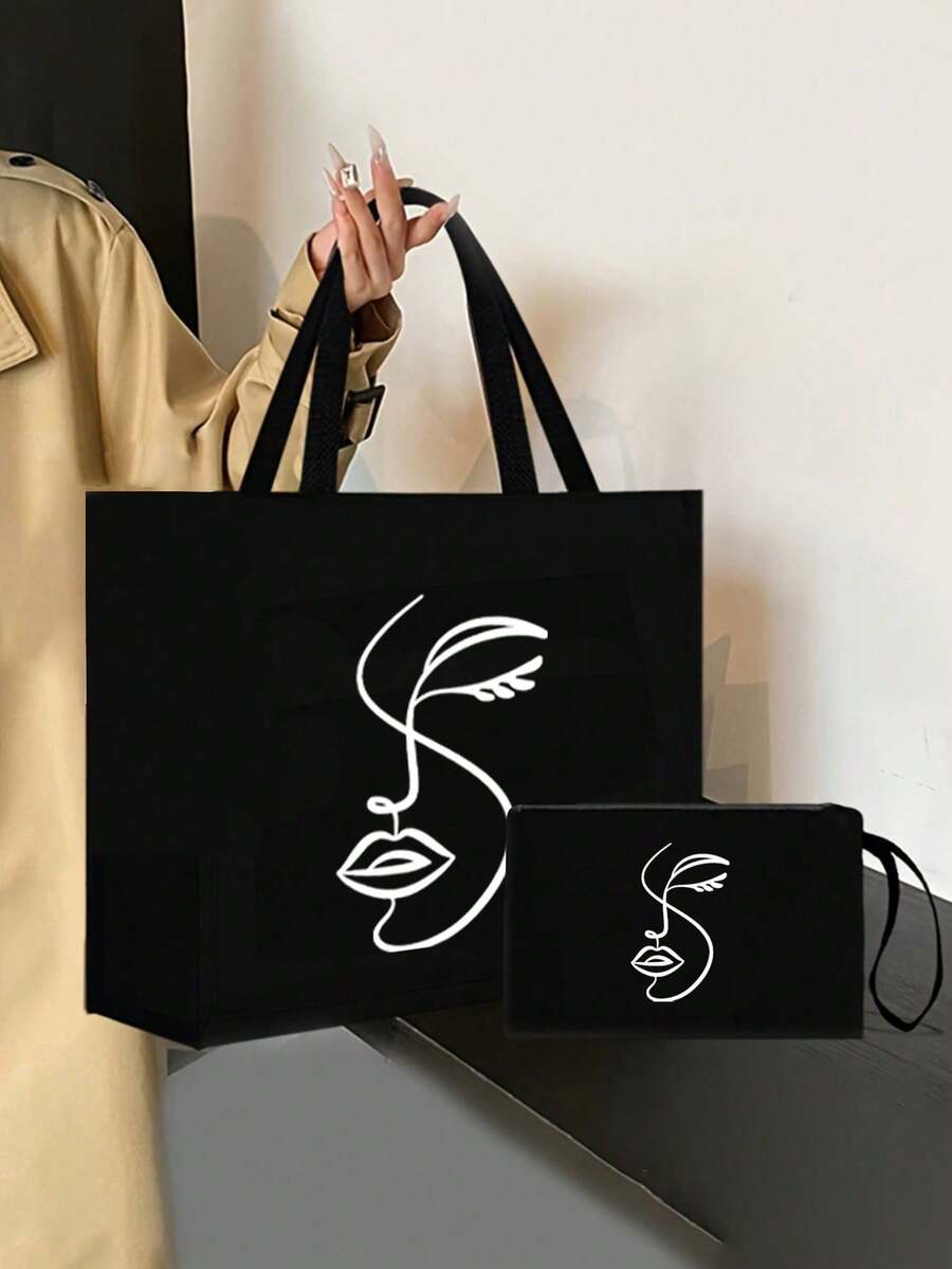 Queen Cartoon Character Printed Tote Bag Set – “Blessing” Letter Design