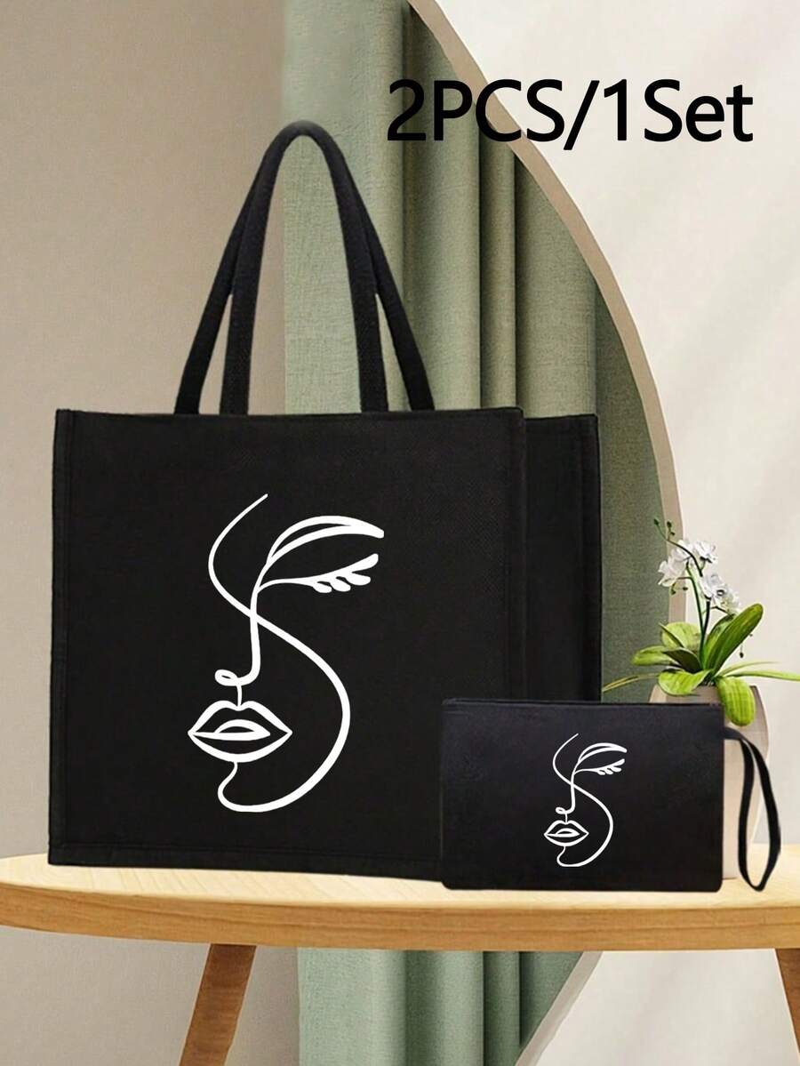 Queen Cartoon Character Printed Tote Bag Set – “Blessing” Letter Design