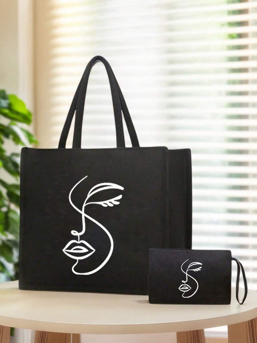 Queen Cartoon Character Printed Tote Bag Set – “Blessing” Letter Design