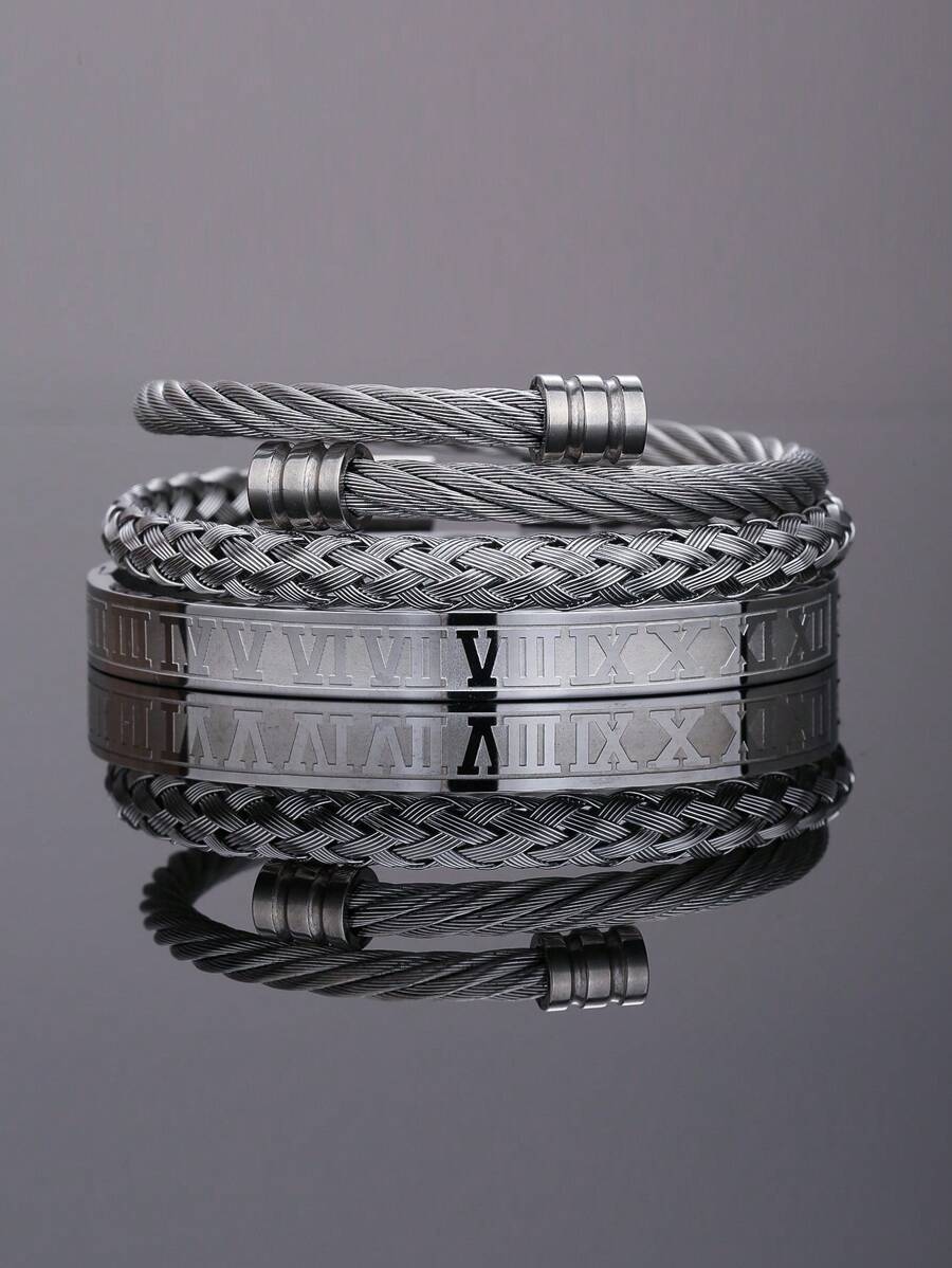 3pcs/Set Men's Luxury Versatile Roman Numeral Stainless Steel Braided Adjustable Bracelet