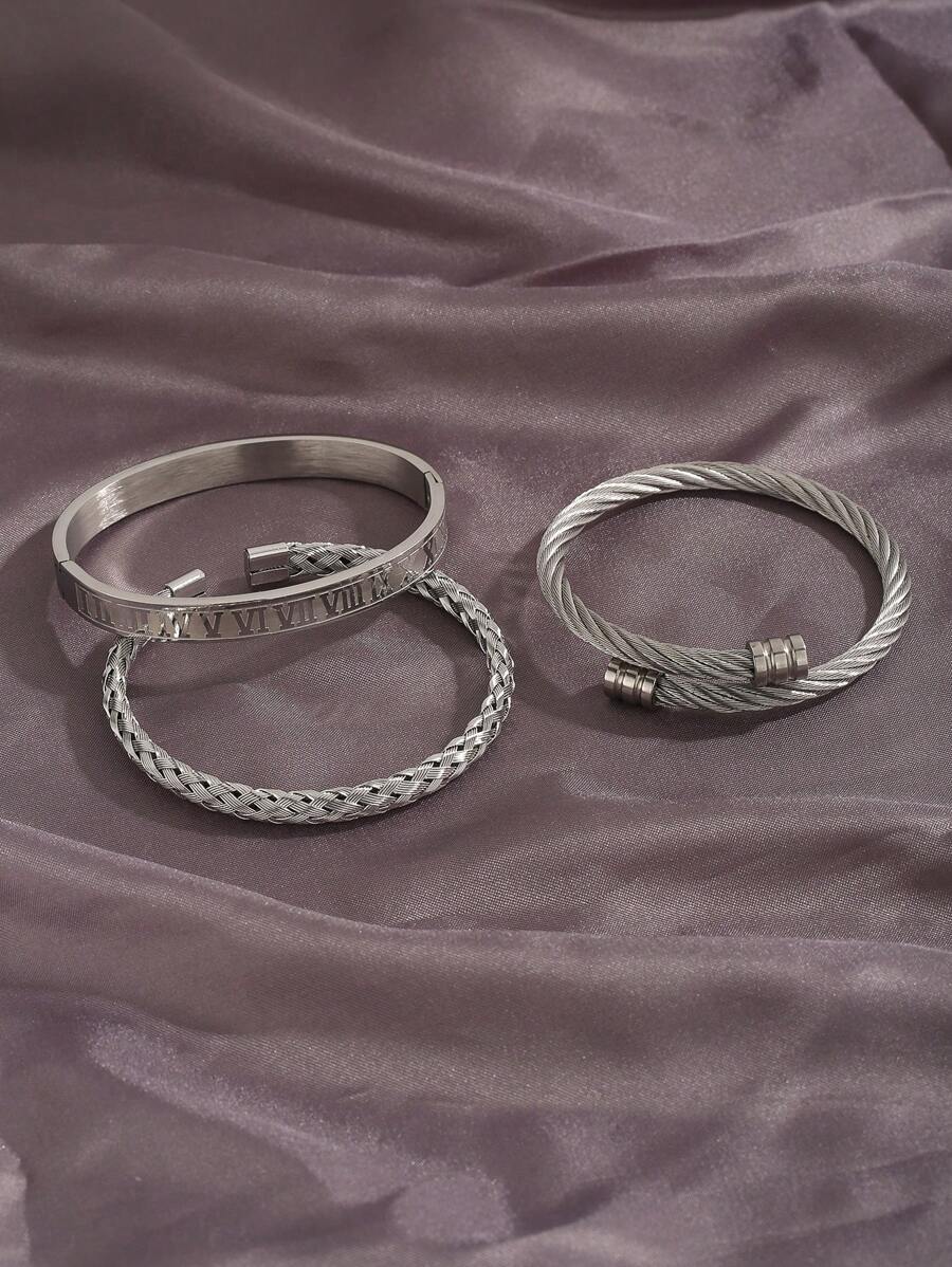 3pcs/Set Men's Luxury Versatile Roman Numeral Stainless Steel Braided Adjustable Bracelet