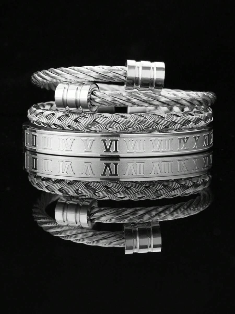 3pcs/Set Men's Luxury Versatile Roman Numeral Stainless Steel Braided Adjustable Bracelet