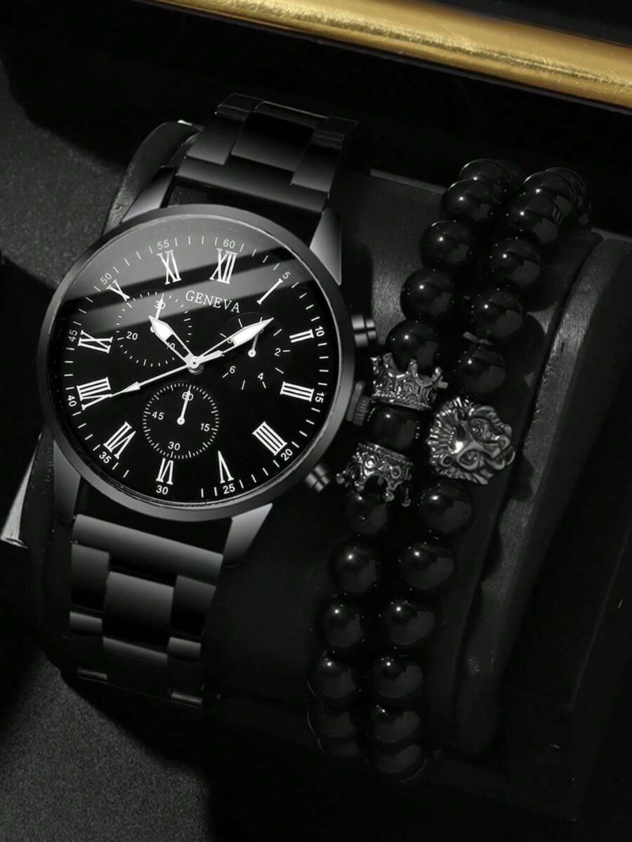 3PCS Men’s Quartz Watch & Bracelet Set – Steel Strap Watch with Lion Crown Bead Bracelet