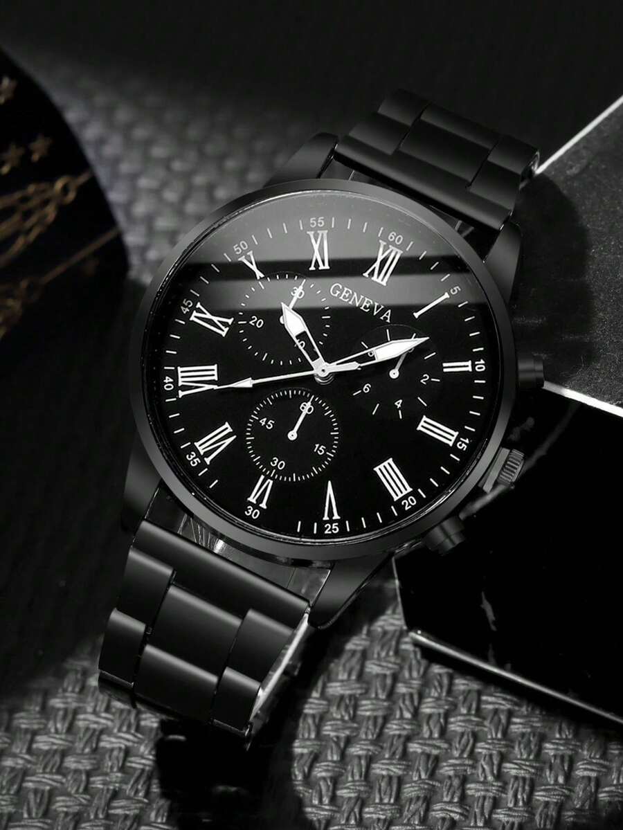 3PCS Men’s Quartz Watch & Bracelet Set – Steel Strap Watch with Lion Crown Bead Bracelet