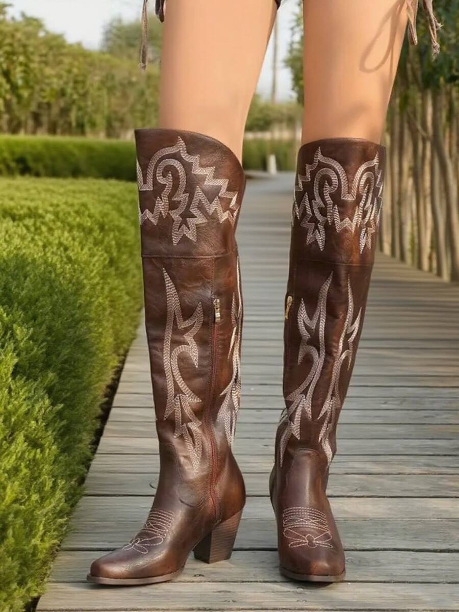 2025 Y2K Western Riding Knee-High Boots – Brown Embroidered Elegance