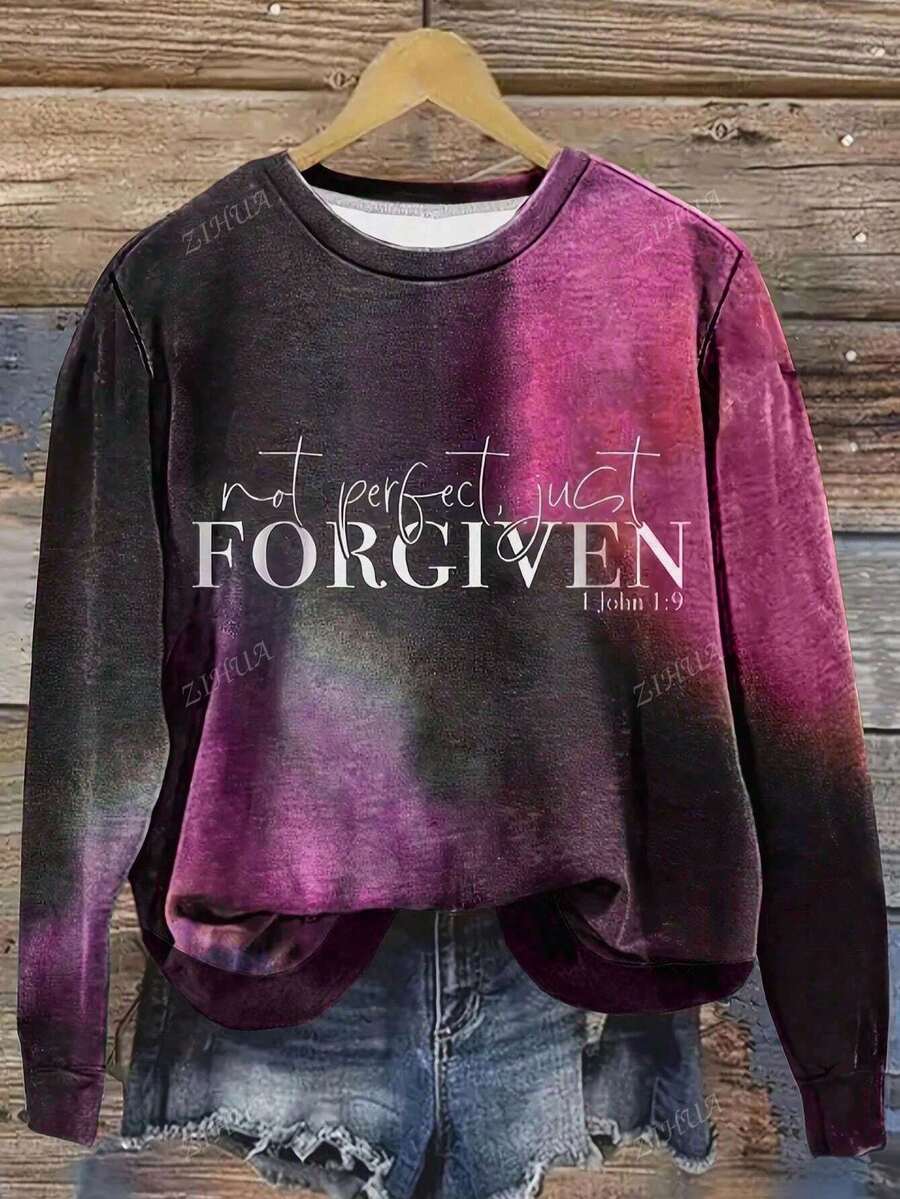 Plus Size English Text Ombre Print Crew Neck Sweatshirt