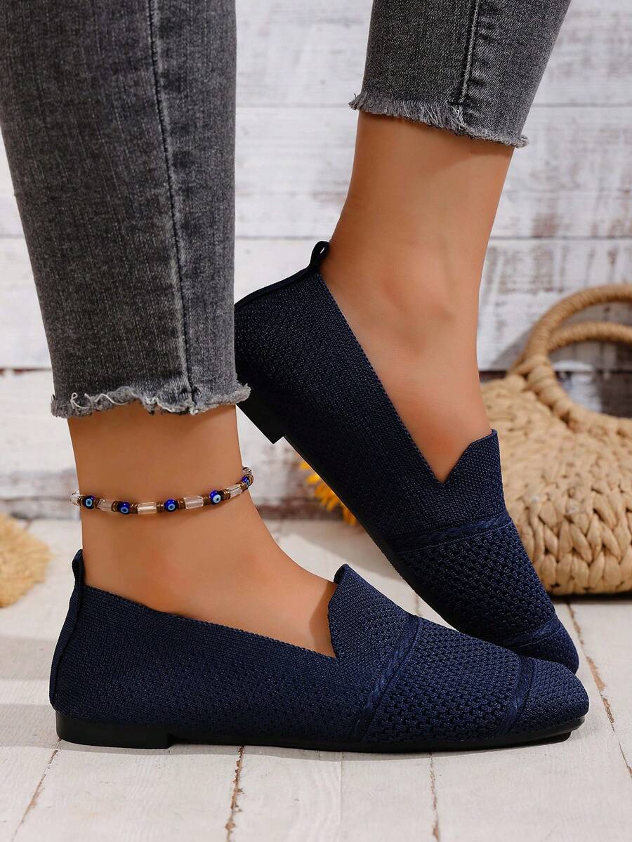 Women's Knitted Flat Loafers, Comfortable Square Toe Dolly Shoes, Breathable Mother Shoes For Spring/Autumn