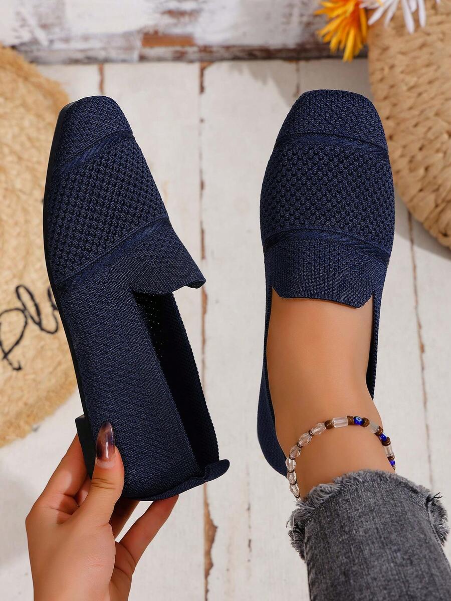Women's Knitted Flat Loafers, Comfortable Square Toe Dolly Shoes, Breathable Mother Shoes For Spring/Autumn