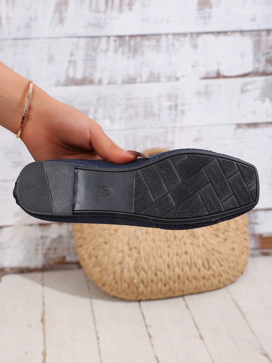 Women's Knitted Flat Loafers, Comfortable Square Toe Dolly Shoes, Breathable Mother Shoes For Spring/Autumn