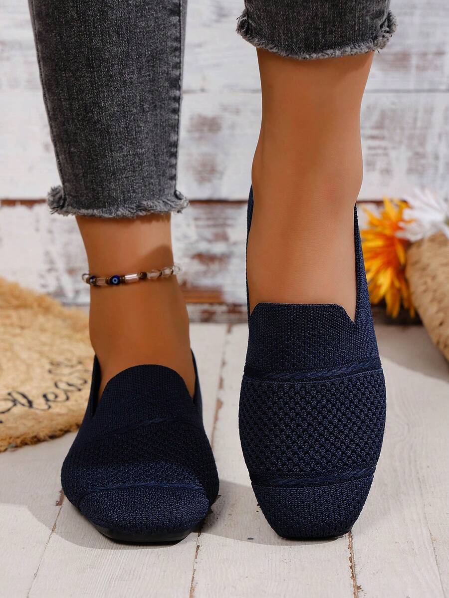 Women's Knitted Flat Loafers, Comfortable Square Toe Dolly Shoes, Breathable Mother Shoes For Spring/Autumn
