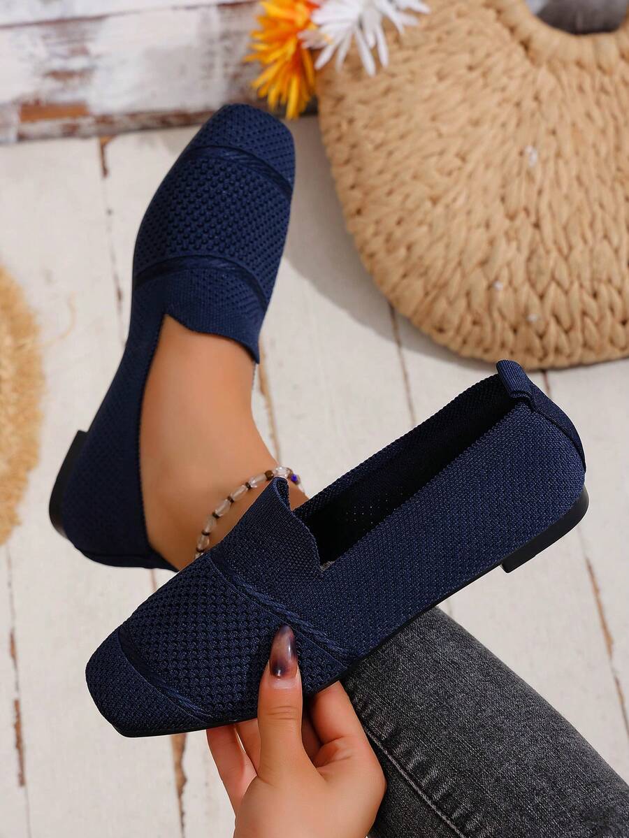 Women's Knitted Flat Loafers, Comfortable Square Toe Dolly Shoes, Breathable Mother Shoes For Spring/Autumn