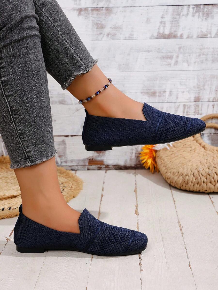 Women's Knitted Flat Loafers, Comfortable Square Toe Dolly Shoes, Breathable Mother Shoes For Spring/Autumn