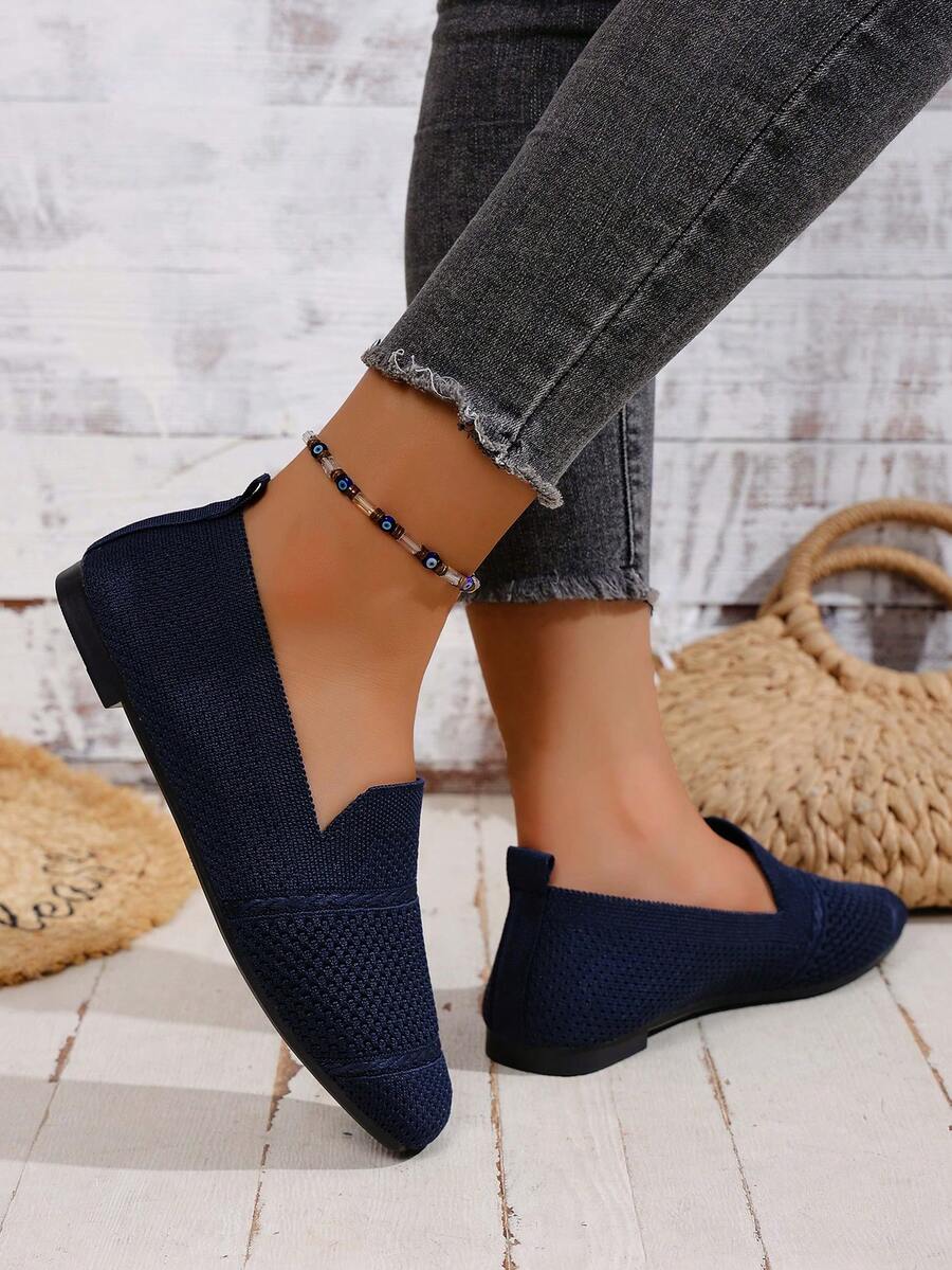 Women's Knitted Flat Loafers, Comfortable Square Toe Dolly Shoes, Breathable Mother Shoes For Spring/Autumn