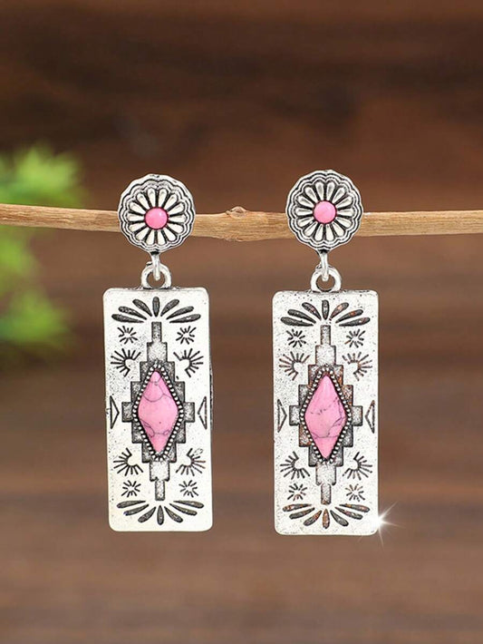 Vintage Western Inlaid Turquoise Rectangular Pendant Earrings (1 Pair)