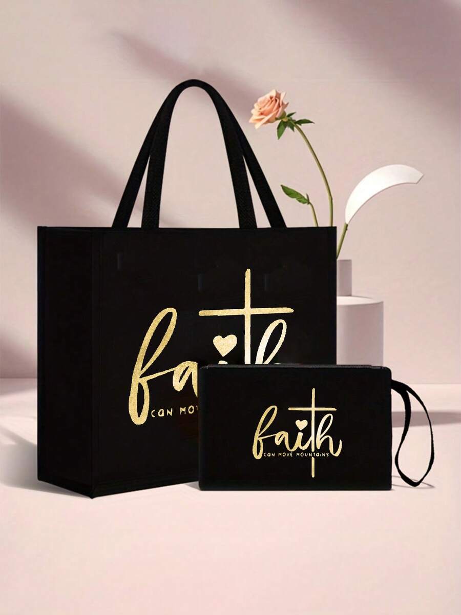 Tote Bag Set with Motivational Golden Letter Print