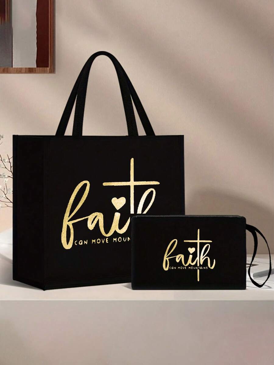 Tote Bag Set with Motivational Golden Letter Print