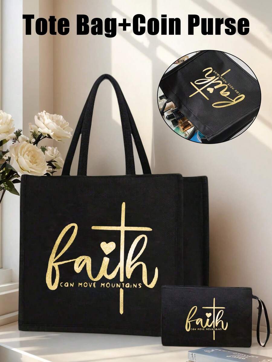 Tote Bag Set with Motivational Golden Letter Print