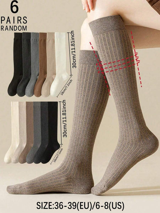 6 Pairs Women’s Plain Color Thigh-High Socks – Minimalist Japanese School Style