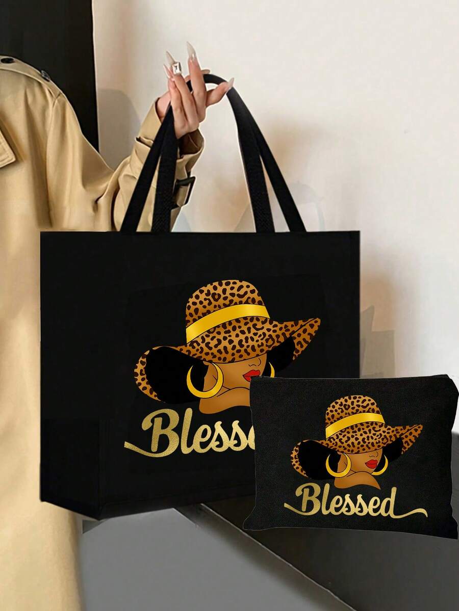 Queen Cartoon Character Printed Tote Bag Set – “Blessing” Letter Design