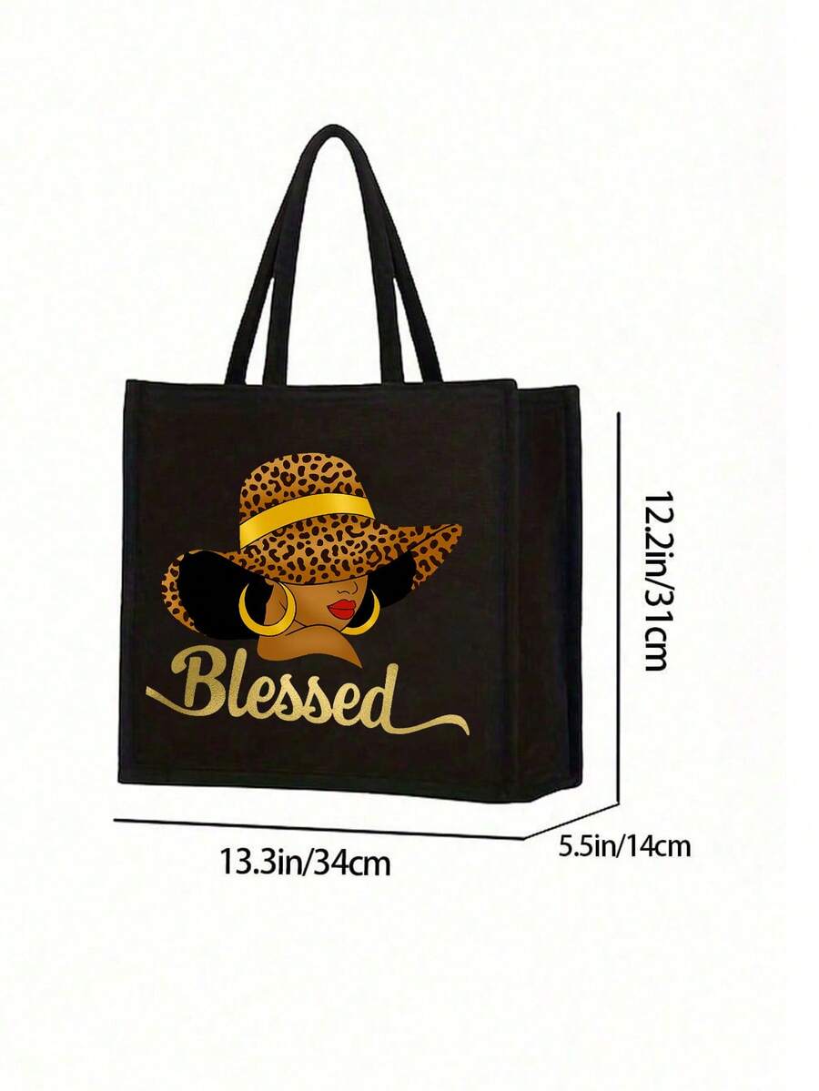 Queen Cartoon Character Printed Tote Bag Set – “Blessing” Letter Design