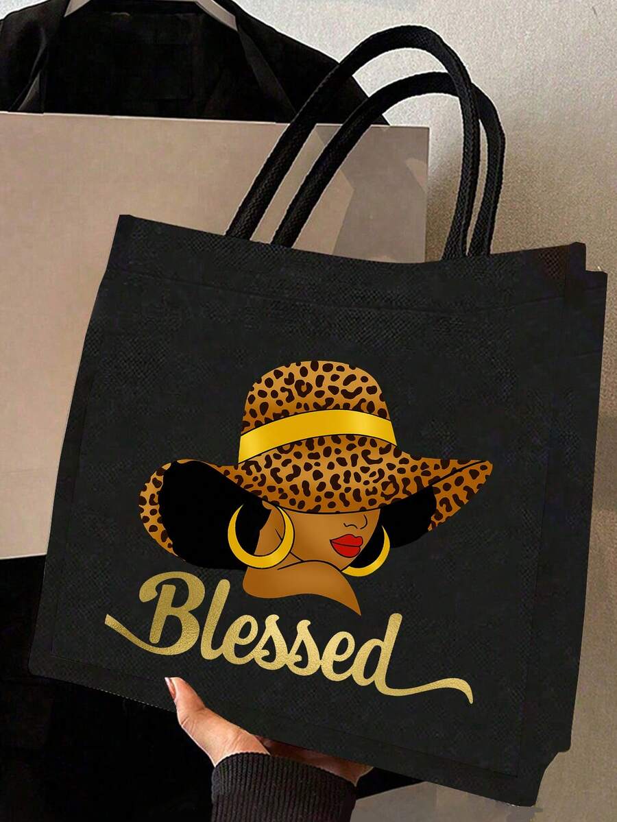 Queen Cartoon Character Printed Tote Bag Set – “Blessing” Letter Design