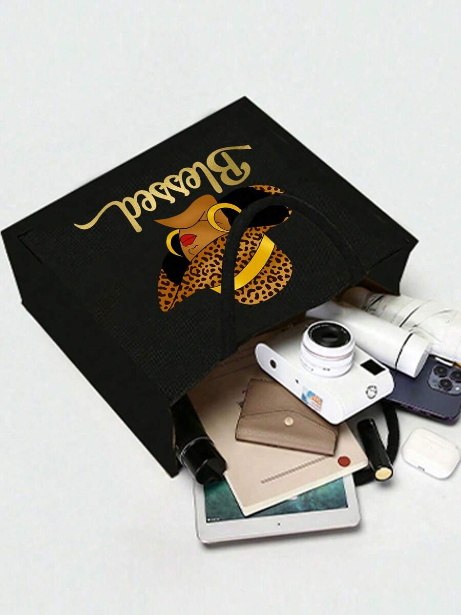 Queen Cartoon Character Printed Tote Bag Set – “Blessing” Letter Design