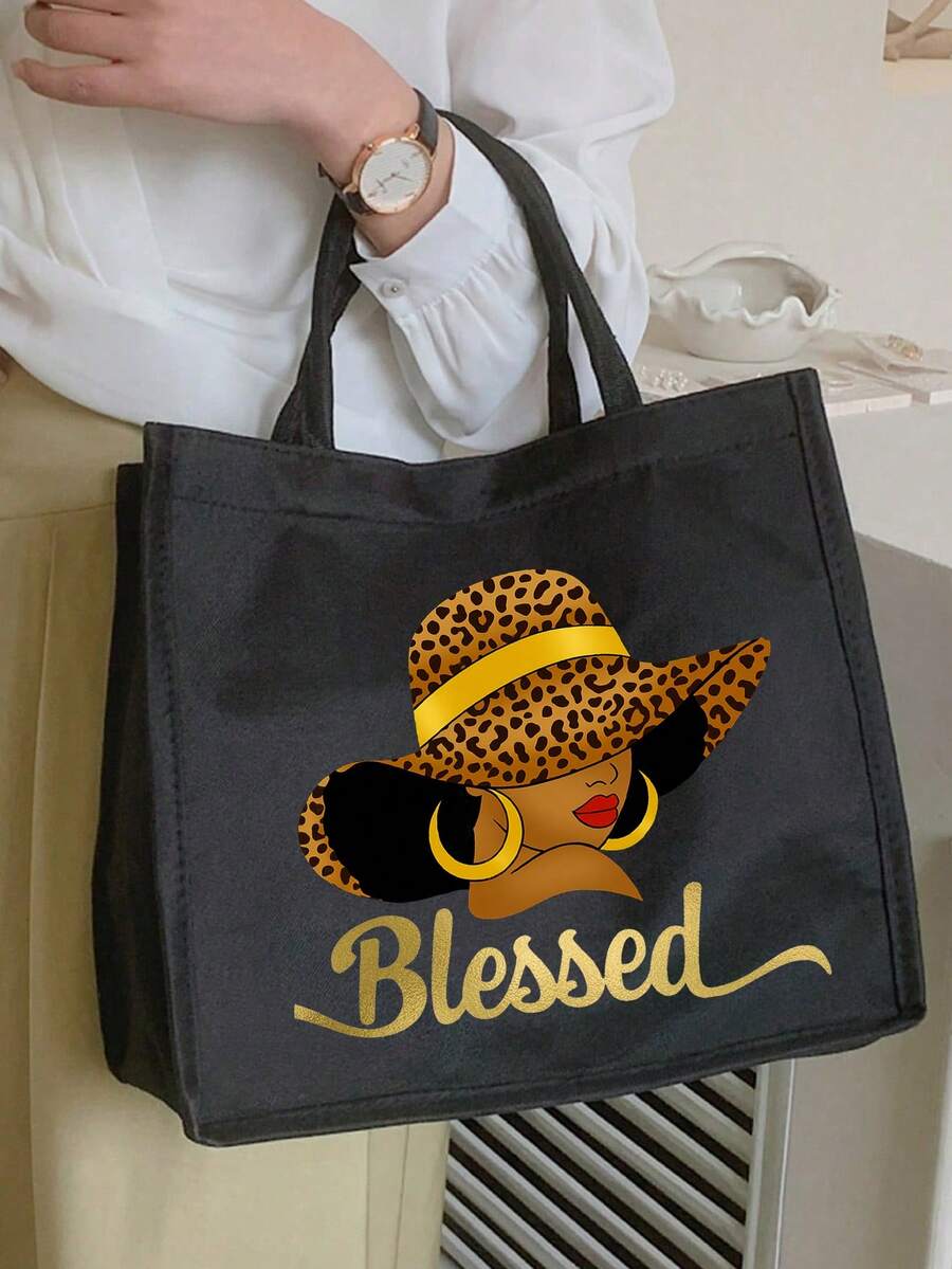 Queen Cartoon Character Printed Tote Bag Set – “Blessing” Letter Design