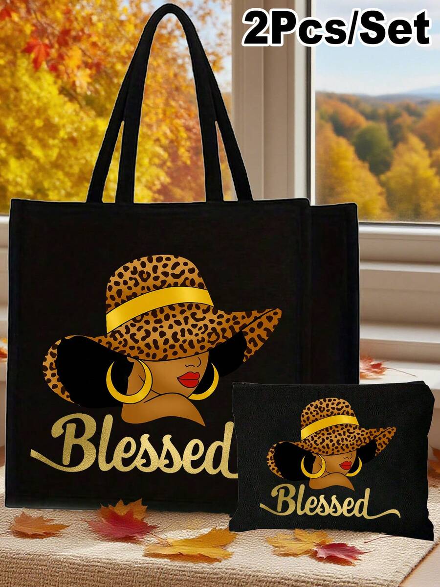 Queen Cartoon Character Printed Tote Bag Set – “Blessing” Letter Design