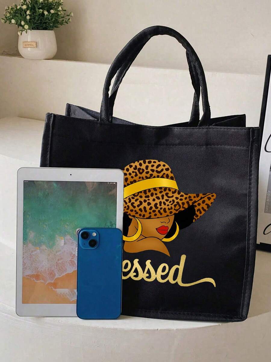 Queen Cartoon Character Printed Tote Bag Set – “Blessing” Letter Design