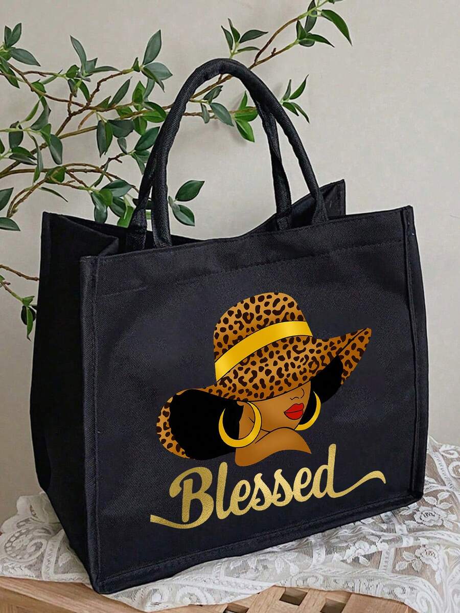 Queen Cartoon Character Printed Tote Bag Set – “Blessing” Letter Design
