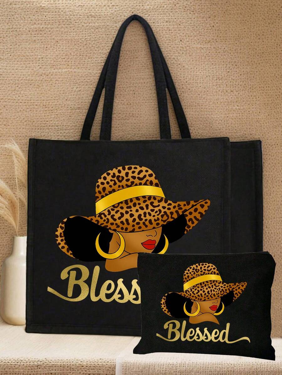 Queen Cartoon Character Printed Tote Bag Set – “Blessing” Letter Design