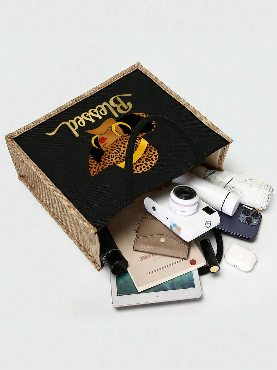 Queen Cartoon Character Printed Tote Bag Set – “Blessing” Letter Design