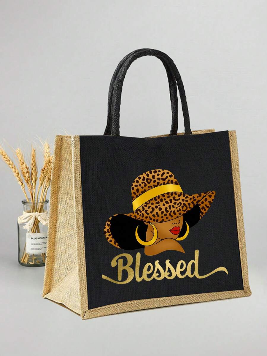 Queen Cartoon Character Printed Tote Bag Set – “Blessing” Letter Design