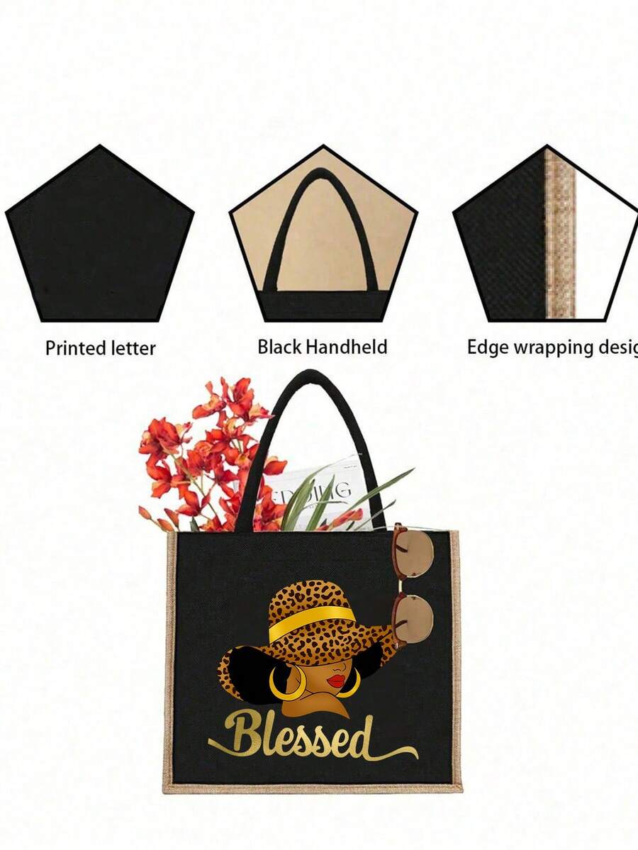 Queen Cartoon Character Printed Tote Bag Set – “Blessing” Letter Design