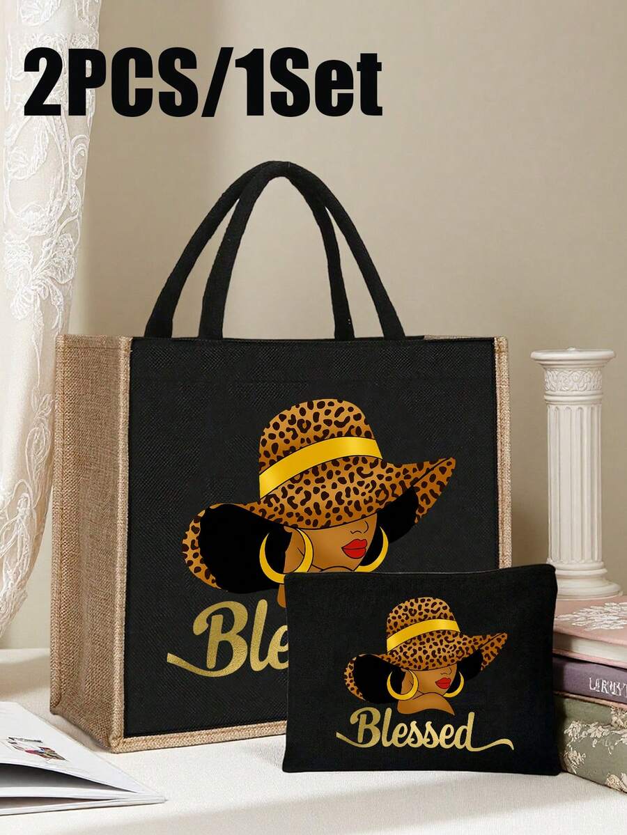 Queen Cartoon Character Printed Tote Bag Set – “Blessing” Letter Design