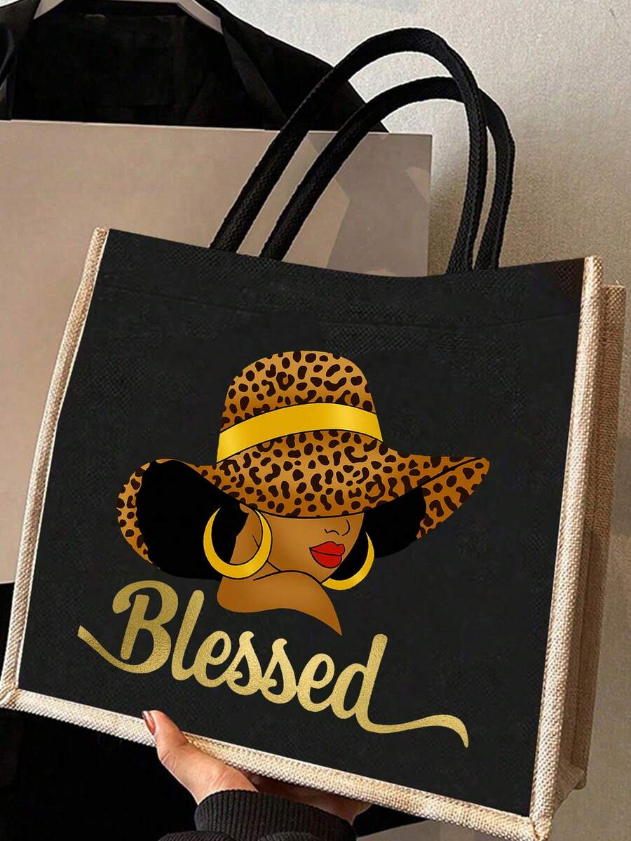 Queen Cartoon Character Printed Tote Bag Set – “Blessing” Letter Design