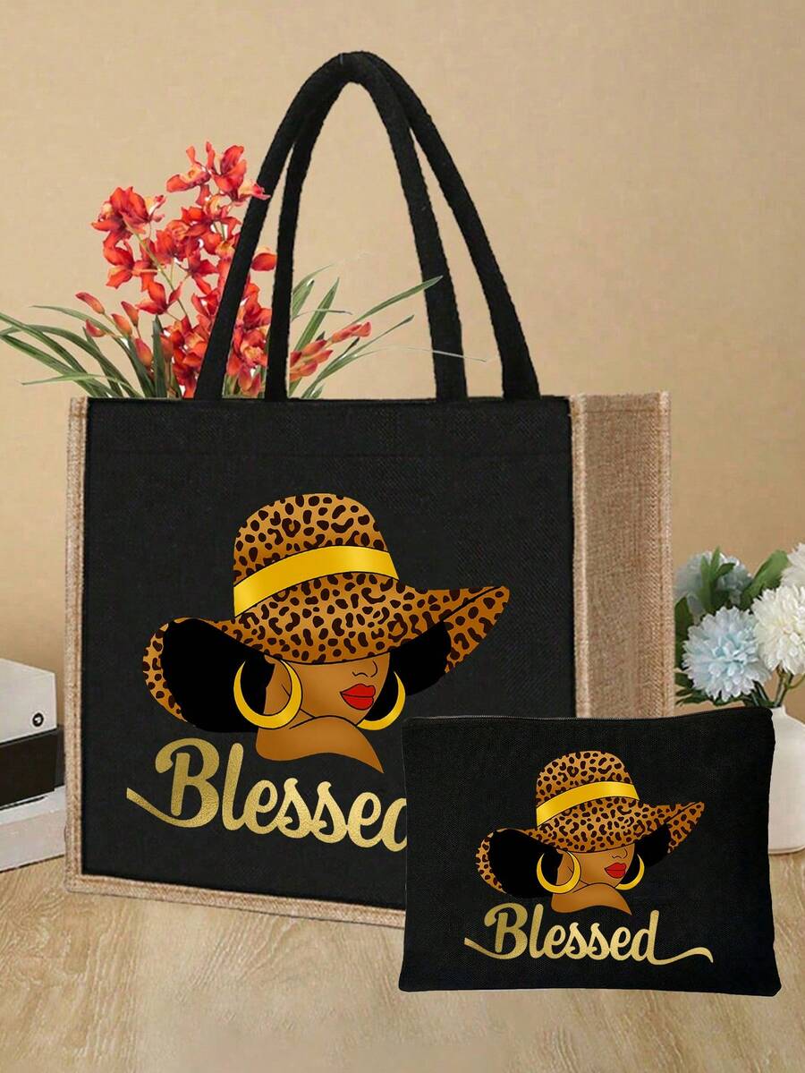 Queen Cartoon Character Printed Tote Bag Set – “Blessing” Letter Design