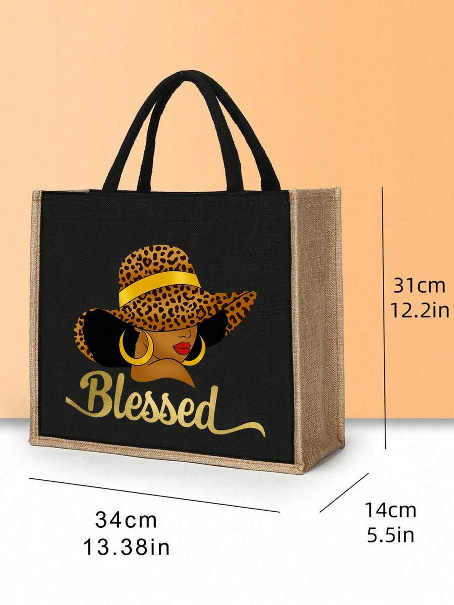 Queen Cartoon Character Printed Tote Bag Set – “Blessing” Letter Design