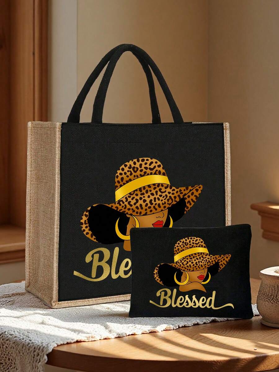 Queen Cartoon Character Printed Tote Bag Set – “Blessing” Letter Design