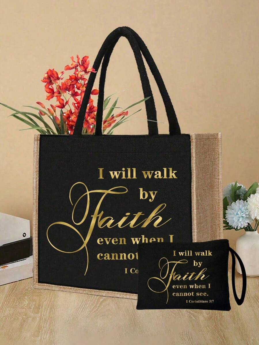 Tote Bag Set with Motivational Golden Letter Print