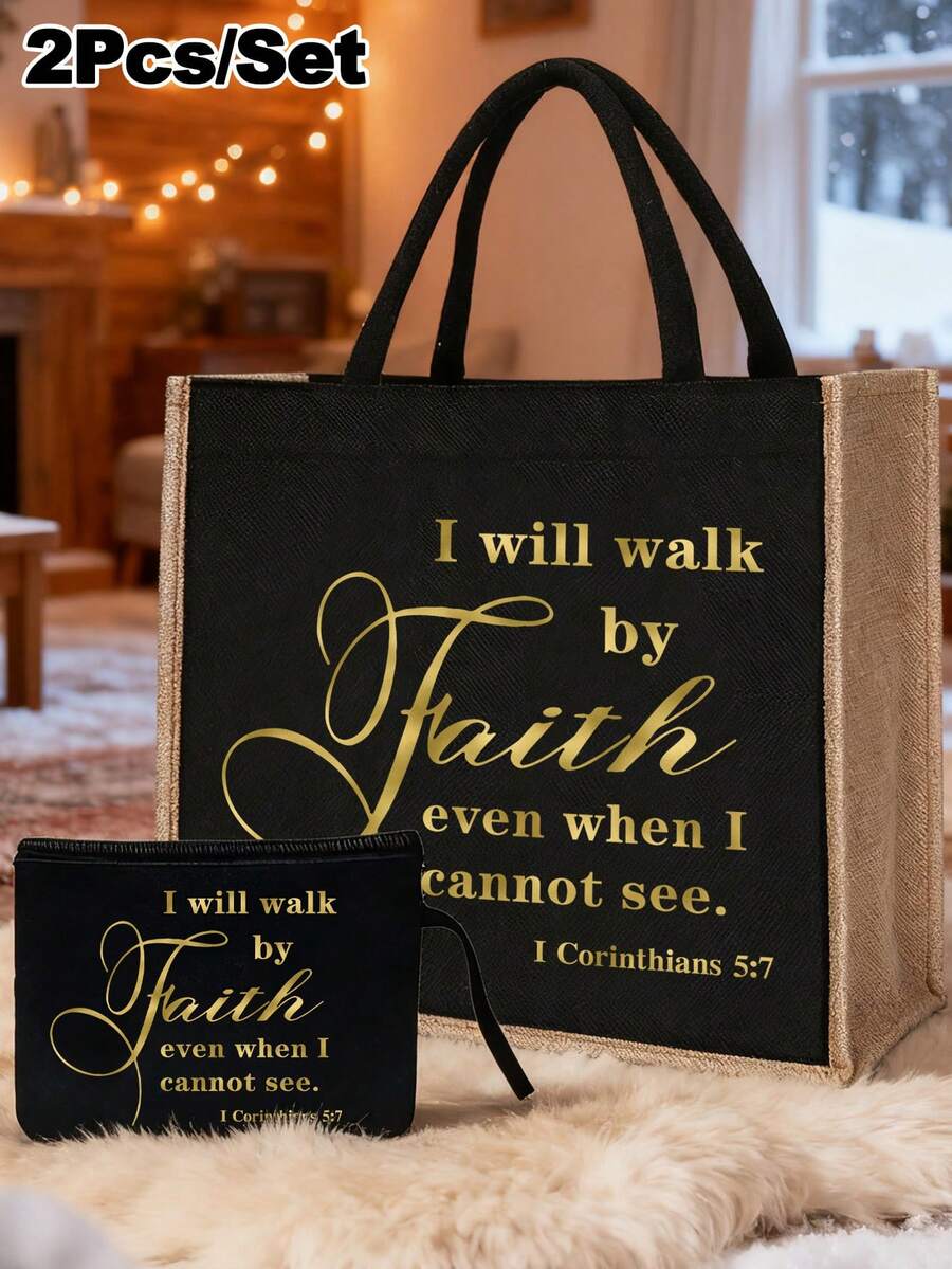 Tote Bag Set with Motivational Golden Letter Print