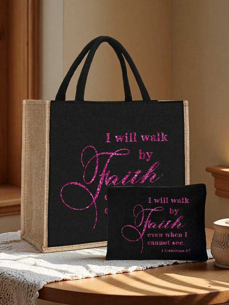 Tote Bag Set with Motivational Golden Letter Print