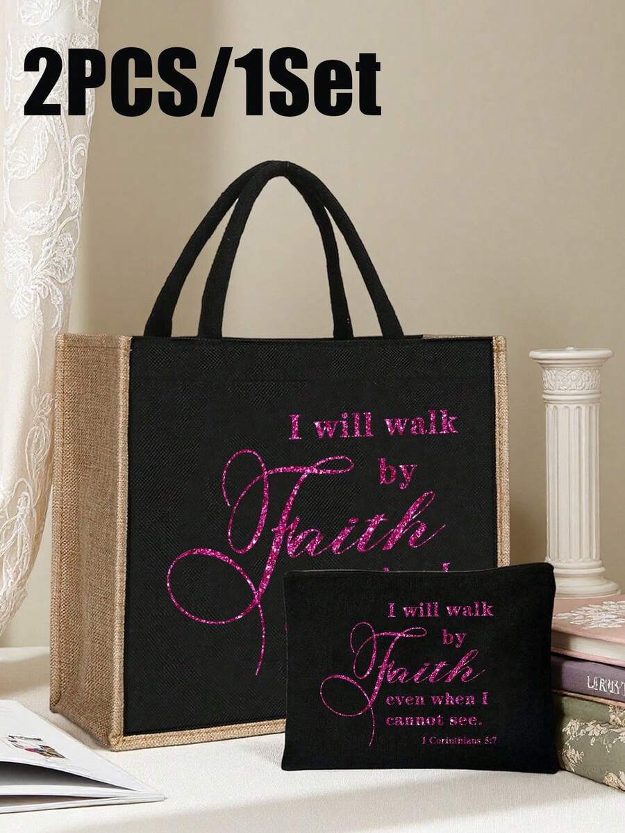 Tote Bag Set with Motivational Golden Letter Print