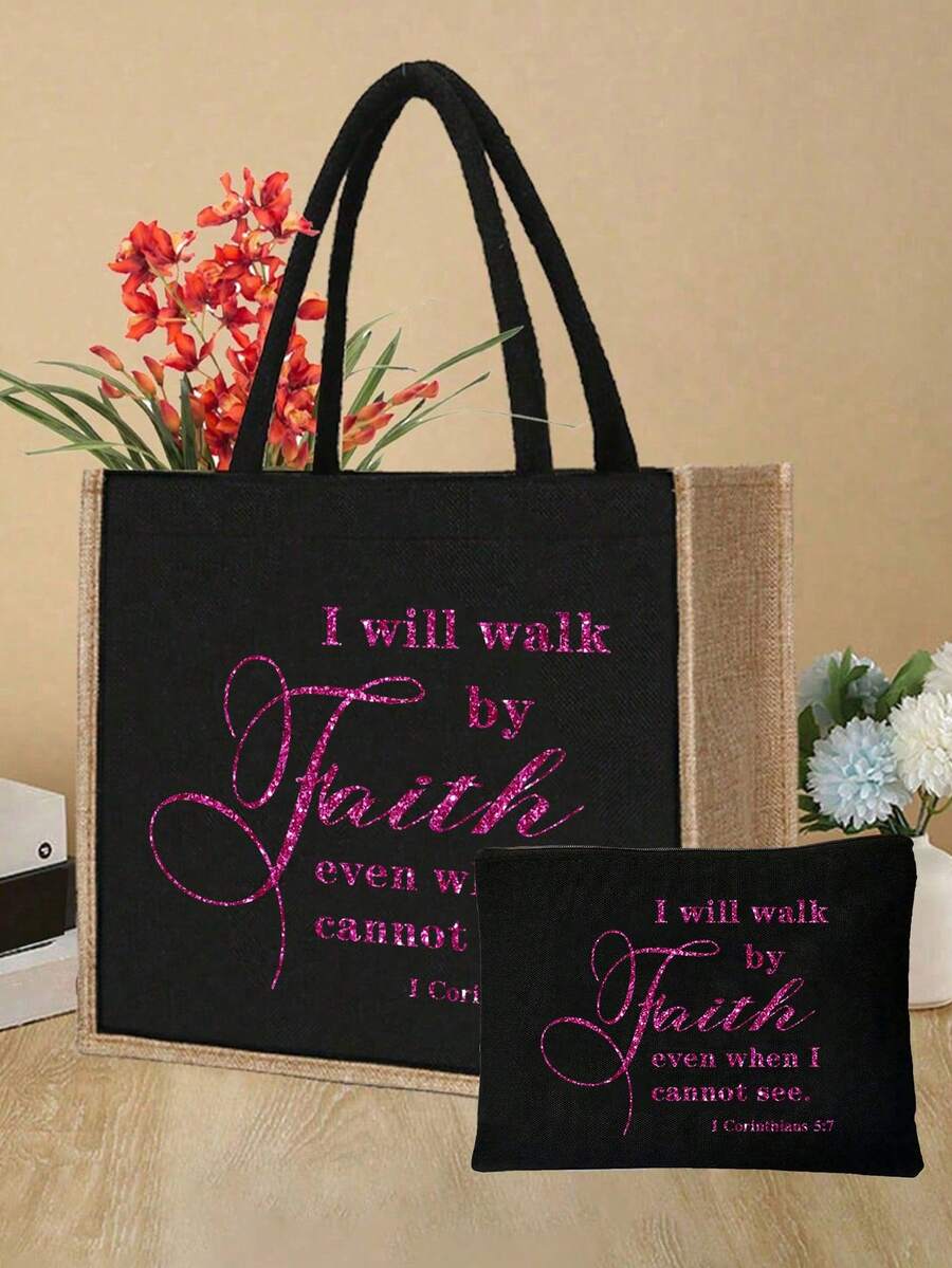 Tote Bag Set with Motivational Golden Letter Print